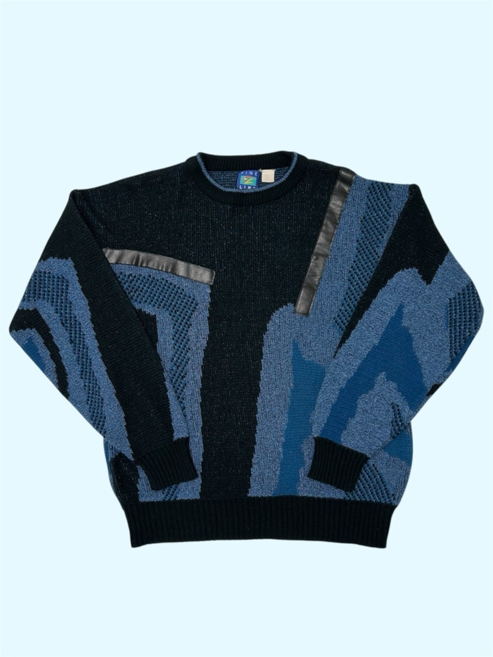 Vintage 90s Fine Line Knit Crewneck Geometric Grandpa Sweater Blue Black Large